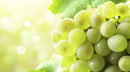 Freshly harvested green grapes with water droplets glistening in the sunlight showcasing a natural food and agricultural background.