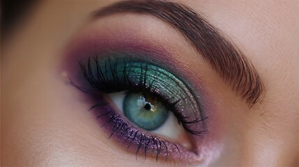 Closeup of a beautifully done eye makeup featuring green and purple hues