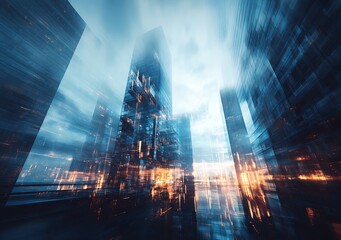 Abstract futuristic cityscape with light streaks