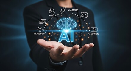 Person in dark suit holding glowing A I concept digital brain A I agents A I assistant A I generate technology