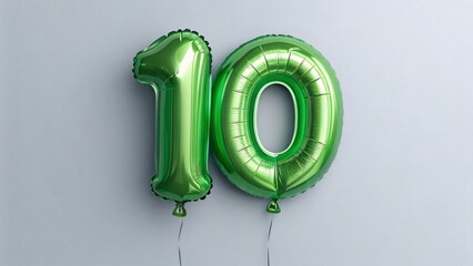 Number ten green metallic balloons isolated on gray background