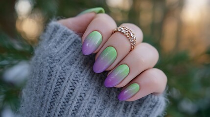 Hand with stunning purple to green ombre nails and a gold ring