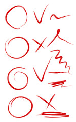 Collection of hand-drawn red check marks, crosses, and circles