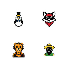 Adorable Animal Character Illustrations Penguin, Raccoon, Tiger, and Gecko