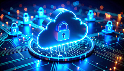 Fototapeta premium Secure Cloud: A luminous cloud with a lock symbol sits at the heart of this data illustration, encircled by additional locks, emphasizing digital security and data protection.