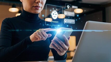 Woman using a smartphone with AI assistant interface hologram in a modern workspace. Concept of artificial intelligence, smart technology and digital productivity
 - Powered by Adobe