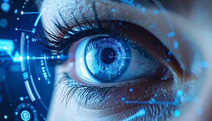 Cybernetic Vision: A close-up captures the piercing gaze of an eye enhanced by digital circuitry, blending human and technology