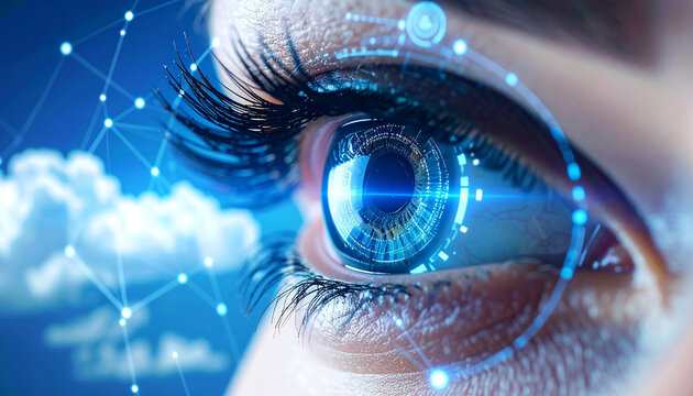Visionary Eye: A close-up view of an eye with digital data streams and clouds, suggesting vision, future, and technology.