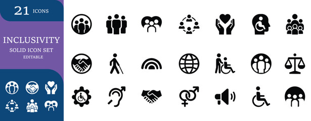 Accessibility, inclusion, diversity, equality, disability support icons. Universal design, healthcare, community care vector set. Editable, solid style, perfect for social & education projects