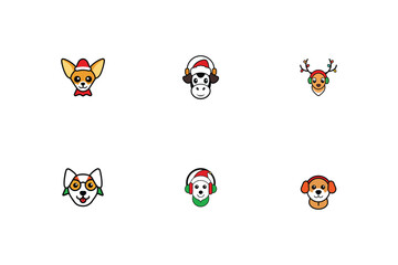 Adorable Christmas Animal Icons Cute Dog, Cat, Reindeer Illustrations