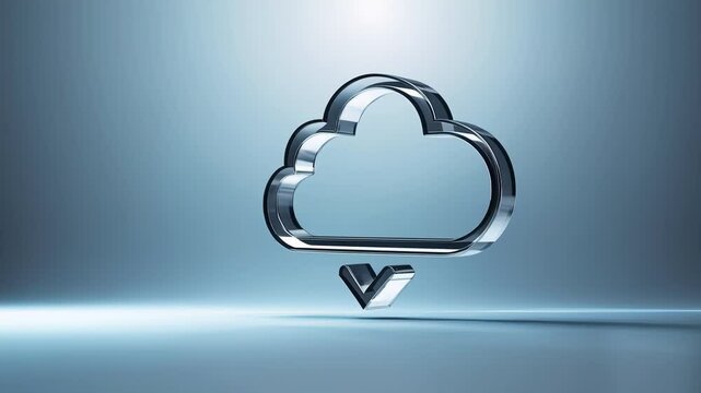 3D glass cloud icon with a download arrow on a sleek blue gradient background, representing digital storage and data access. Concept of cloud computing, technology and online data management
