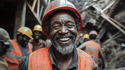 Smiling construction worker amongst colleagues