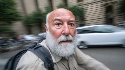 Surprised Elderly Man on Bicycle in Motion Blur Urban Scene