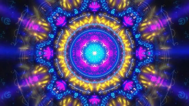 Bright cyan and magenta colors blend seamlessly, creating a mesmerizing mandala pattern.