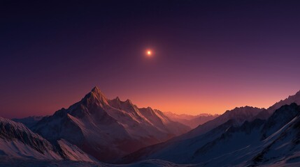 Twilight Peaks: An awe-inspiring view of majestic, snow-covered mountains under a twilight sky, with the first light of dawn or dusk, highlighting the raw beauty of the natural landscape.