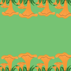 Obraz premium Frame background with mushrooms and chanterelles in the grass at the bottom and top of the frame, vector illustration, mushrooms on a green background. Hand-drawn botanical drawing in vector.