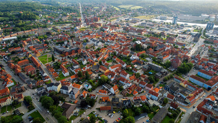 An arial view from the old town in the city Aabenraa in Denmark on a sunny day in spring