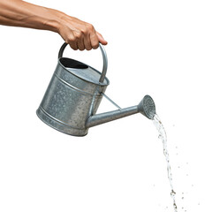 Hand Pouring Sparkling Clear Water from Classic Galvanized Metal Watering Can – Essential for Healthy Plants, Isolated on White or Transparent Background