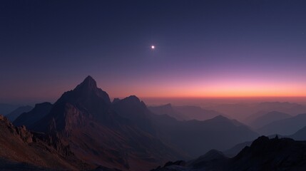 Majestic Mountain Vista at Dusk: The last rays of sun paint the sky with hues of violet and orange, casting a serene glow over a breathtaking mountain landscape.