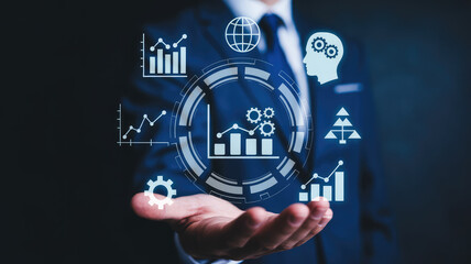Fototapeta premium Data Visualization: A sophisticated visualization of data analysis, symbolized by a professional's open palm, showcasing the integration of charts and graphics with innovative digital elements.