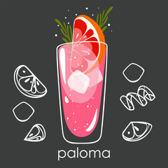 Classic cocktail "Paloma". Summer refreshing alcoholic drink with grapefruit, ice and rosemary. Vector illustration on a dark background.