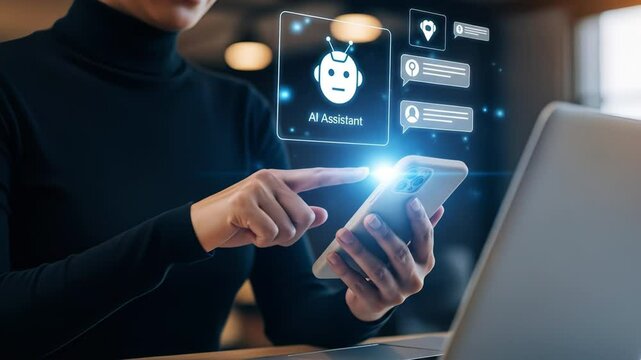 Woman using smartphone with holographic AI assistant interface beside a laptop in a modern workspace. Concept of artificial intelligence, virtual help and digital productivity tools - Powered by Adobe