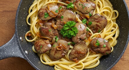 Cooking Chicken Livers with Pasta and Onion in Pan Top View