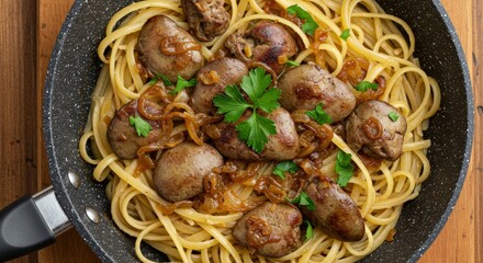 Cooking Pasta with Liver and Onion in a Frying Pan