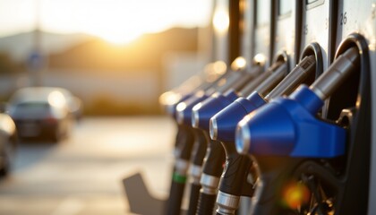 Fototapeta premium a scene of several gas pumps at what appears to be a petrol station during sunset