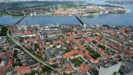 An arial panoramic view of the old town of the city Aalborg in Denmark on a sunny spring day