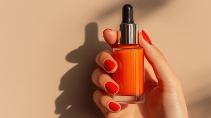 Orange Serum Bottle: A woman's hand with red nails delicately holds a glass bottle of orange serum, highlighting its vibrant color and luxurious feel. The bottle's dropper adds a touch of elegance.