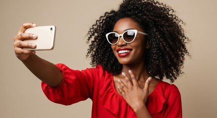 Woman Taking Selfie with Phone, Wearing Sunglasses and Red Dress