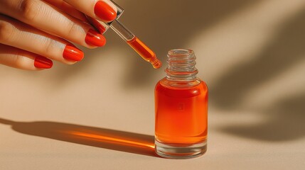 Drop of Elixir: A hand carefully dispenses an orange serum into a glass bottle, a moment of skincare captured in a studio environment, symbolizing health and beauty. 