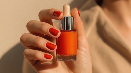 Radiant Red Nail Polish: A hand delicately holds a vibrant red nail polish bottle, showcasing the product's color and elegant design against a soft background.