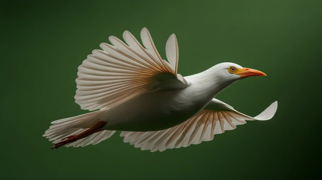 White bird in flight against a dark green background
