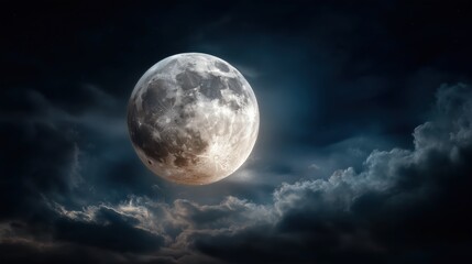 Majestic Moonlit Night: A breathtaking capture of the full moon, casting an ethereal glow over a canvas of swirling clouds in the deep dark night. Revealing the beauty of celestial wonders