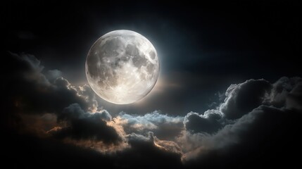 Lunar Symphony: The moon, a luminous sphere in the night sky, emanates a serene glow amidst the ethereal beauty of clouds. A tranquil depiction of the cosmos that captivates the senses.