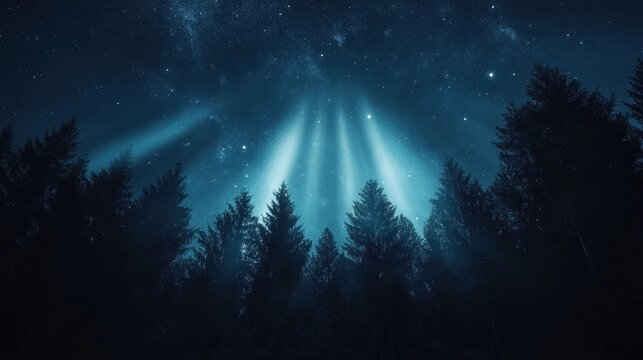 Silhouetted forest at night, celestial light beams