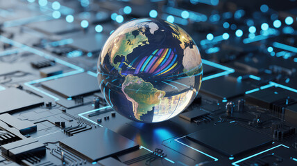 Global Technology: An alluring visual narrative of global connectivity is captured through a shimmering glass globe placed gracefully on a high-tech circuit board.