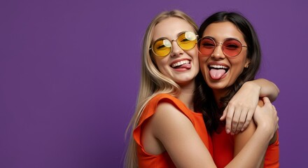 Two Women Embracing and Sticking Out Tongues with Retro Sunglasses
