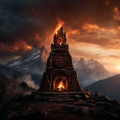 Mountain Peak Fire Totem Ritual with Carved Shields – 4K Outdoor Ceremony