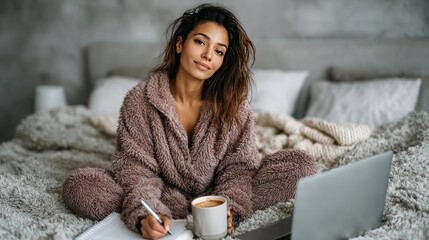 Cozy Morning: Woman Writing in Bed with Coffee and Laptop in Fuzzy Sweater