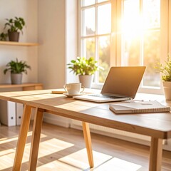 A clean modern workspace with a laptop, coffee cup, notepad, and natural sunlight, Scandinavian interior, warm tones, ultra-detailed