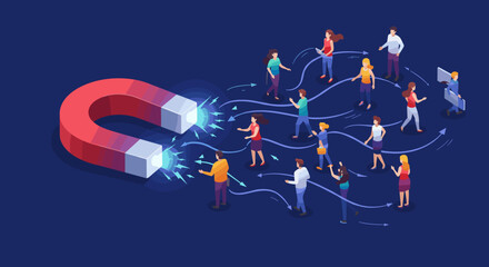 Magnet attracting people concept vector illustration for teamwork and networking, flat isometric style design