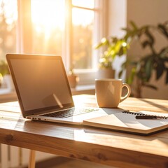 A clean modern workspace with a laptop, coffee cup, notepad, and natural sunlight, Scandinavian interior, warm tones, ultra-detailed