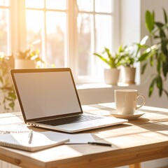 A clean modern workspace with a laptop, coffee cup, notepad, and natural sunlight, Scandinavian interior, warm tones, ultra-detailed