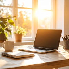 A clean modern workspace with a laptop, coffee cup, notepad, and natural sunlight, Scandinavian interior, warm tones, ultra-detailed