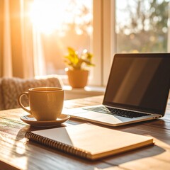 A clean modern workspace with a laptop, coffee cup, notepad, and natural sunlight, Scandinavian interior, warm tones, ultra-detailed