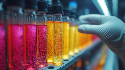Pharmacist in sterile lab environment handling colorful liquids in test tubes, modern drug development setting 