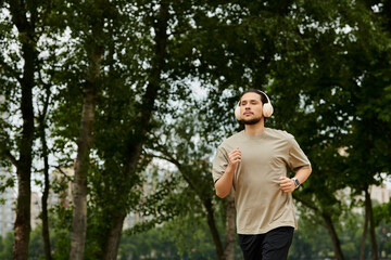 Sporty young man enjoying an outdoor workout while wearing headphones